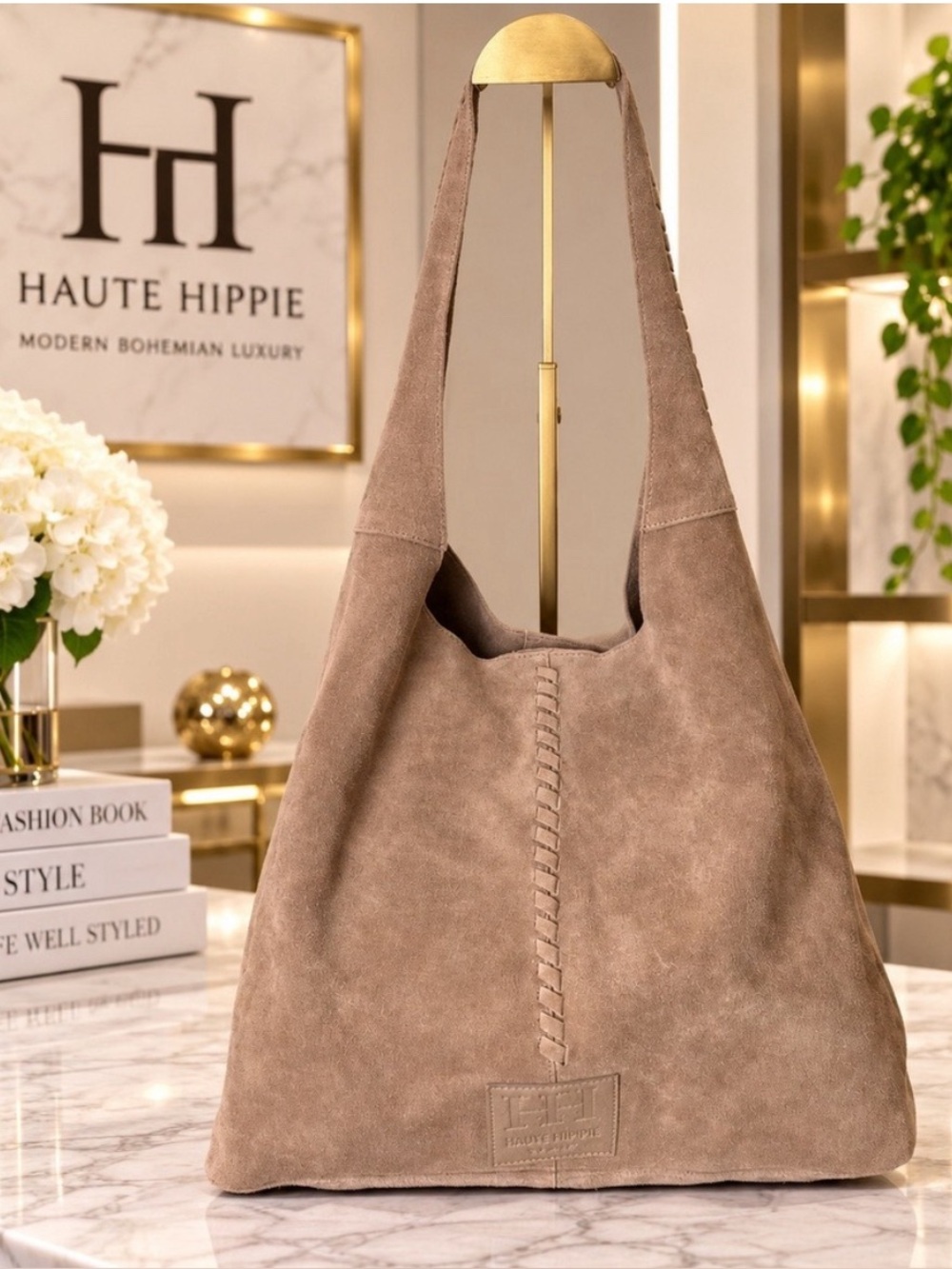 Haute Hippie Tan Boho Large Slouchy Hobo Tote Bag 100% Suede Leather